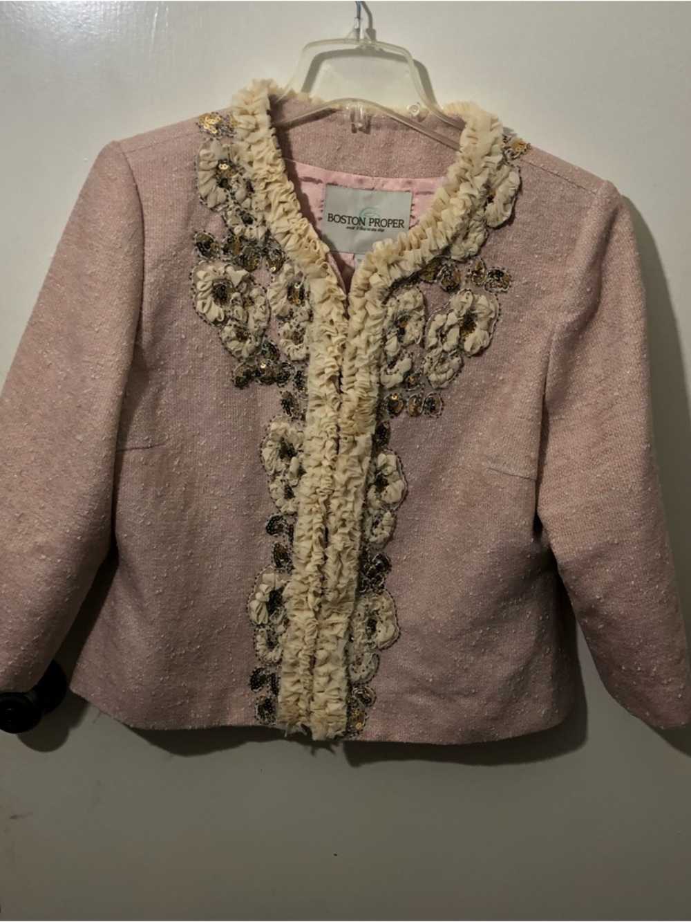 Boston Proper Pink Tweed Jacket Blazer w/ Cream Ruffle Trim & Flower Appliqués